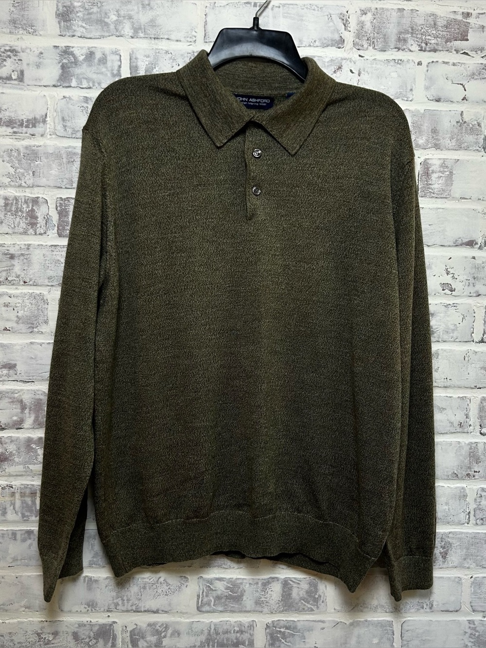 John Ashford Mens Large 100% Merino Wool Polo Sweater Long Sleeve Olive Green